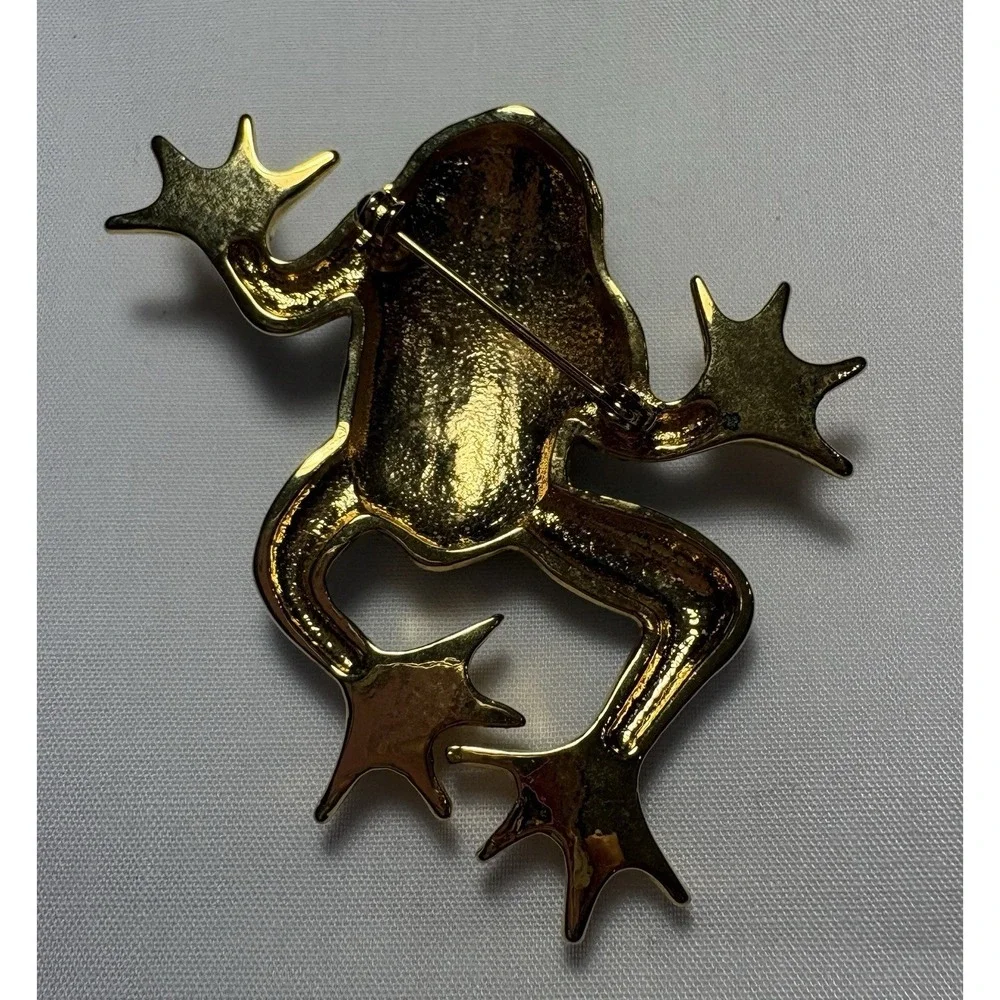 Vintage 80s 90s Rhinestone Frog Brooch Pin Emerald Baguette Crown 2.5